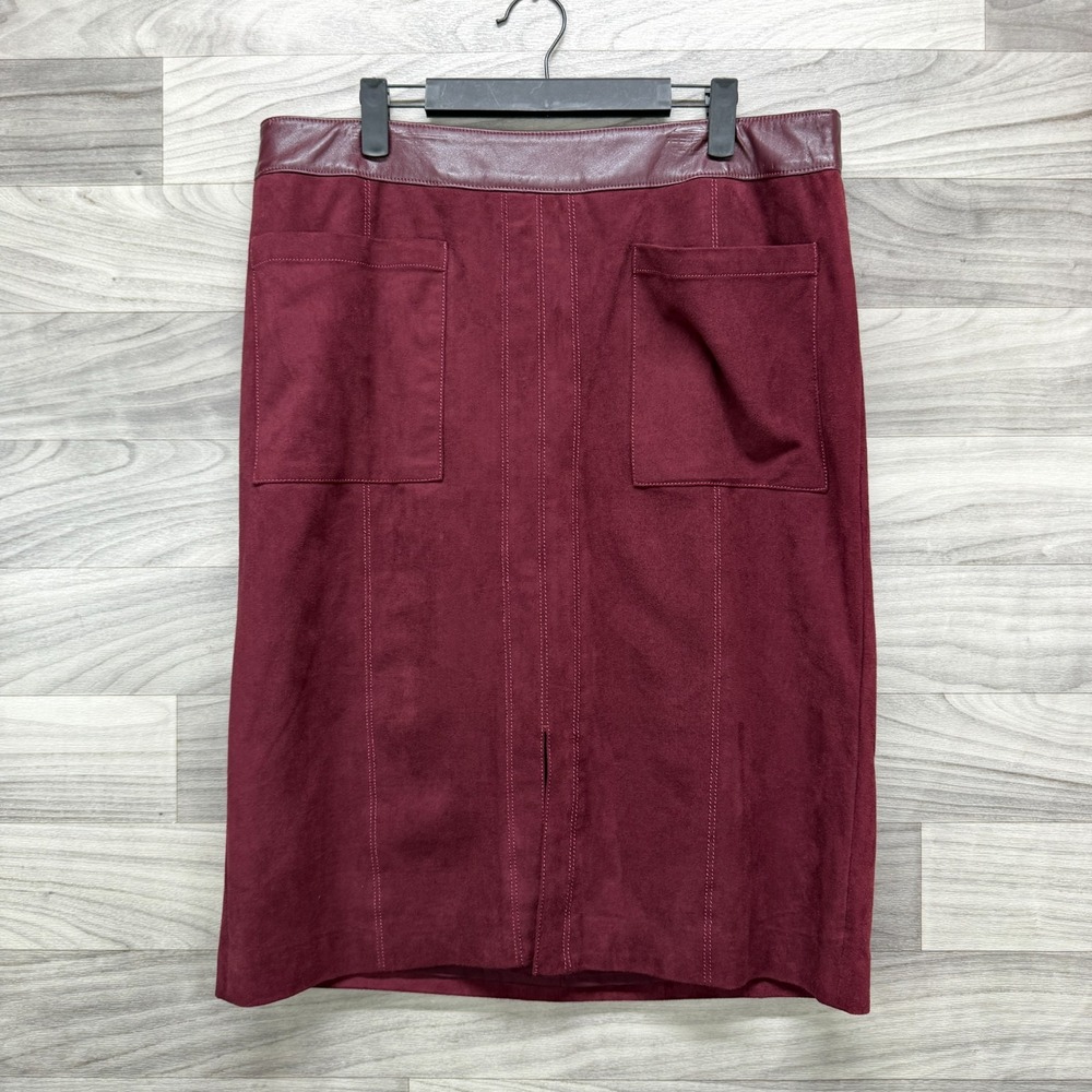 Chico's Midi Skirt Women's 12/ 2 Red Faux Suede Lined Front Pockets Back Zip
